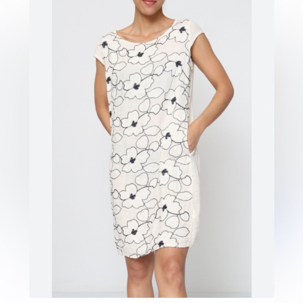Linen Floral Embroidered Shift Summer Dress